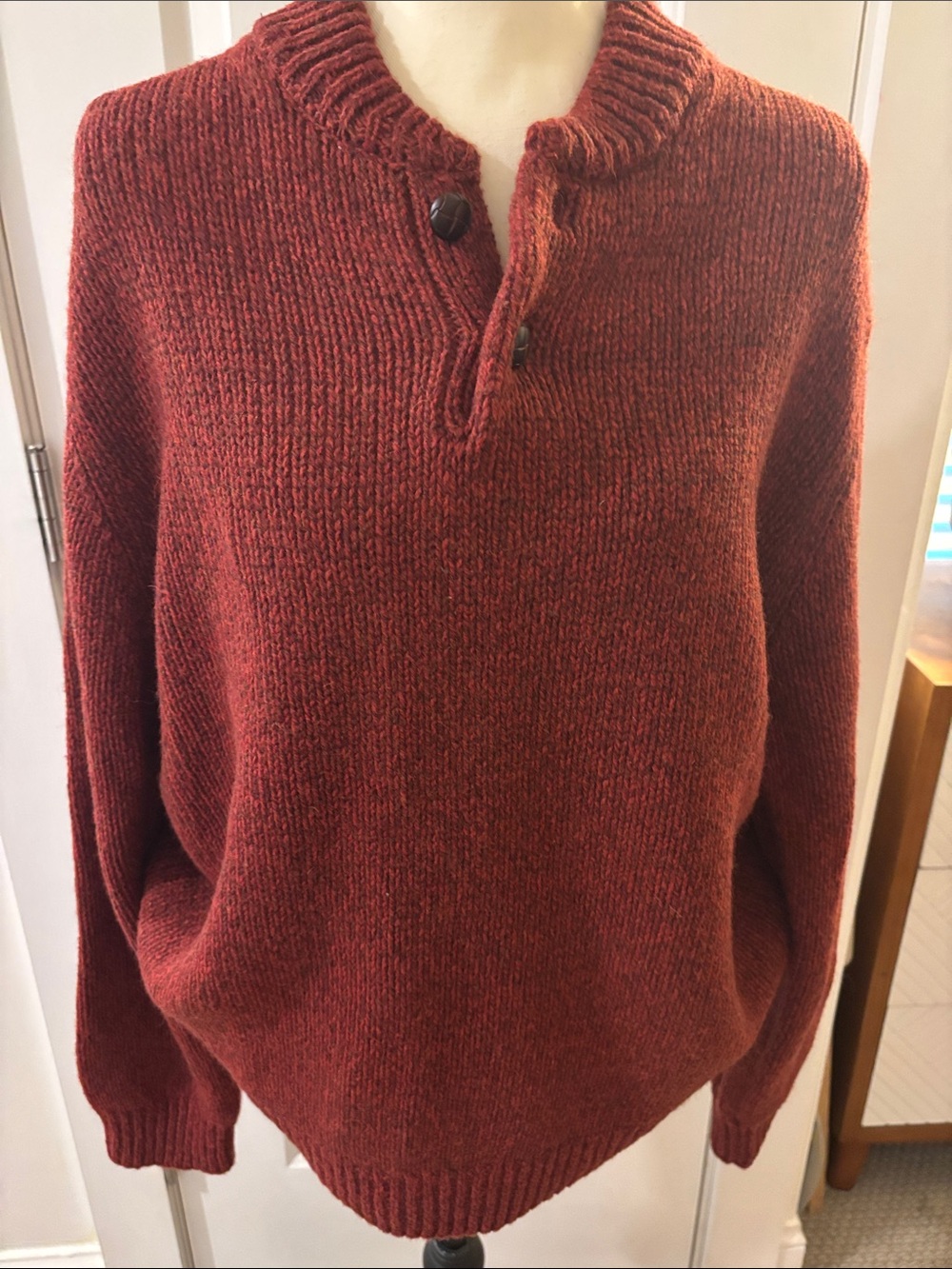 L.L. Bean Men's Brick Red Crewneck Sweater with Button Placket